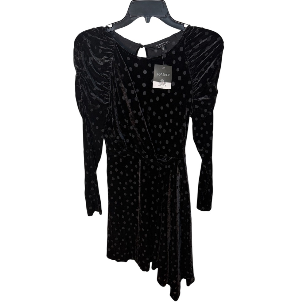 Topshop NWT Black Velvet Polka Dot Dress | Size 2 | Asymmetrical Hem - Picture 5 of 8